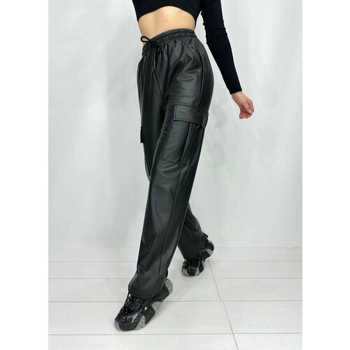 женские кожаные брюки модно-трикотаж, черные