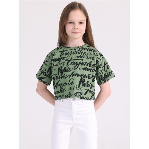 футболка с надписями апрель для девочки, зеленая