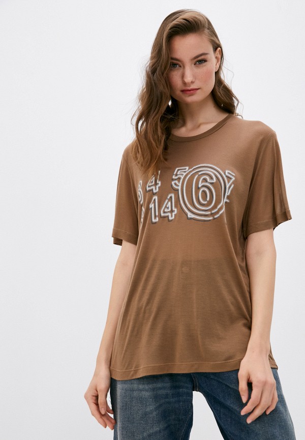 женская футболка mm6 maison margiela, коричневая