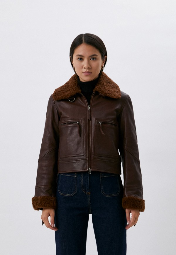 женская кожаные куртка blouson, коричневая