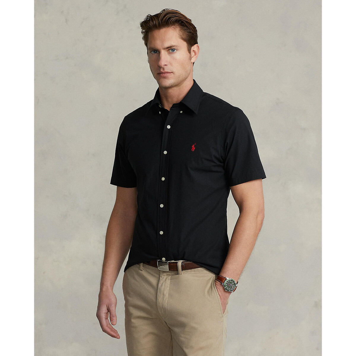 мужская рубашка с коротким рукавом laredoute, черная