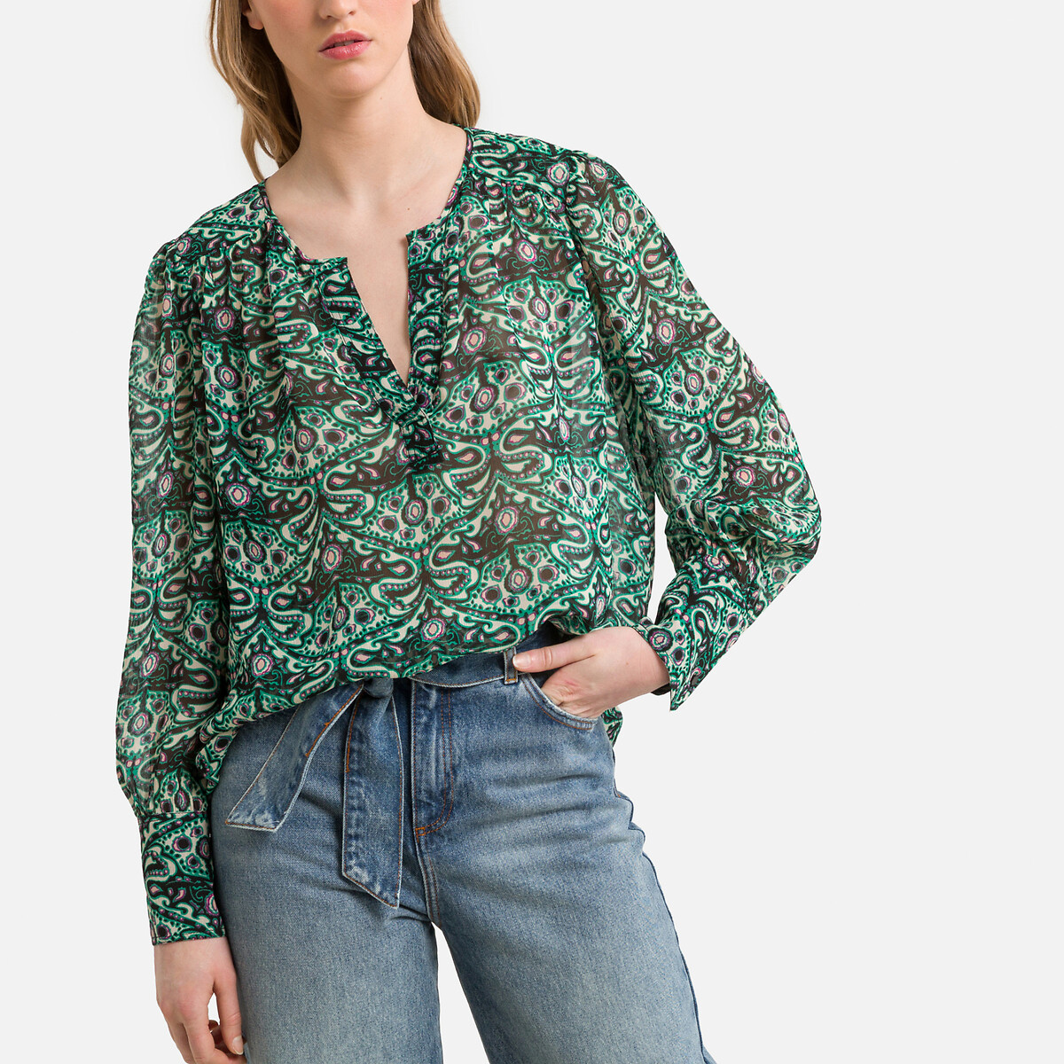 женская блузка с v-образным вырезом laredoute, зеленая