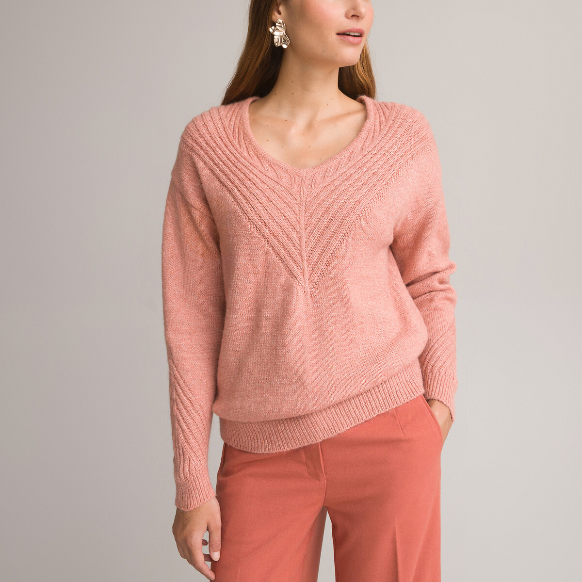 женский пуловер с v-образным вырезом laredoute, розовый