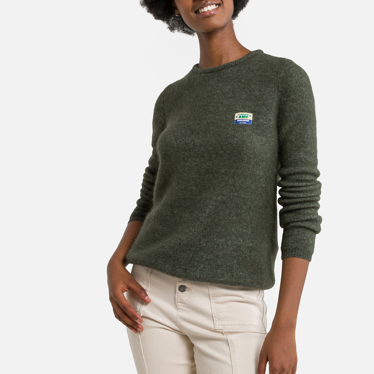 женский пуловер с круглым вырезом laredoute, зеленый