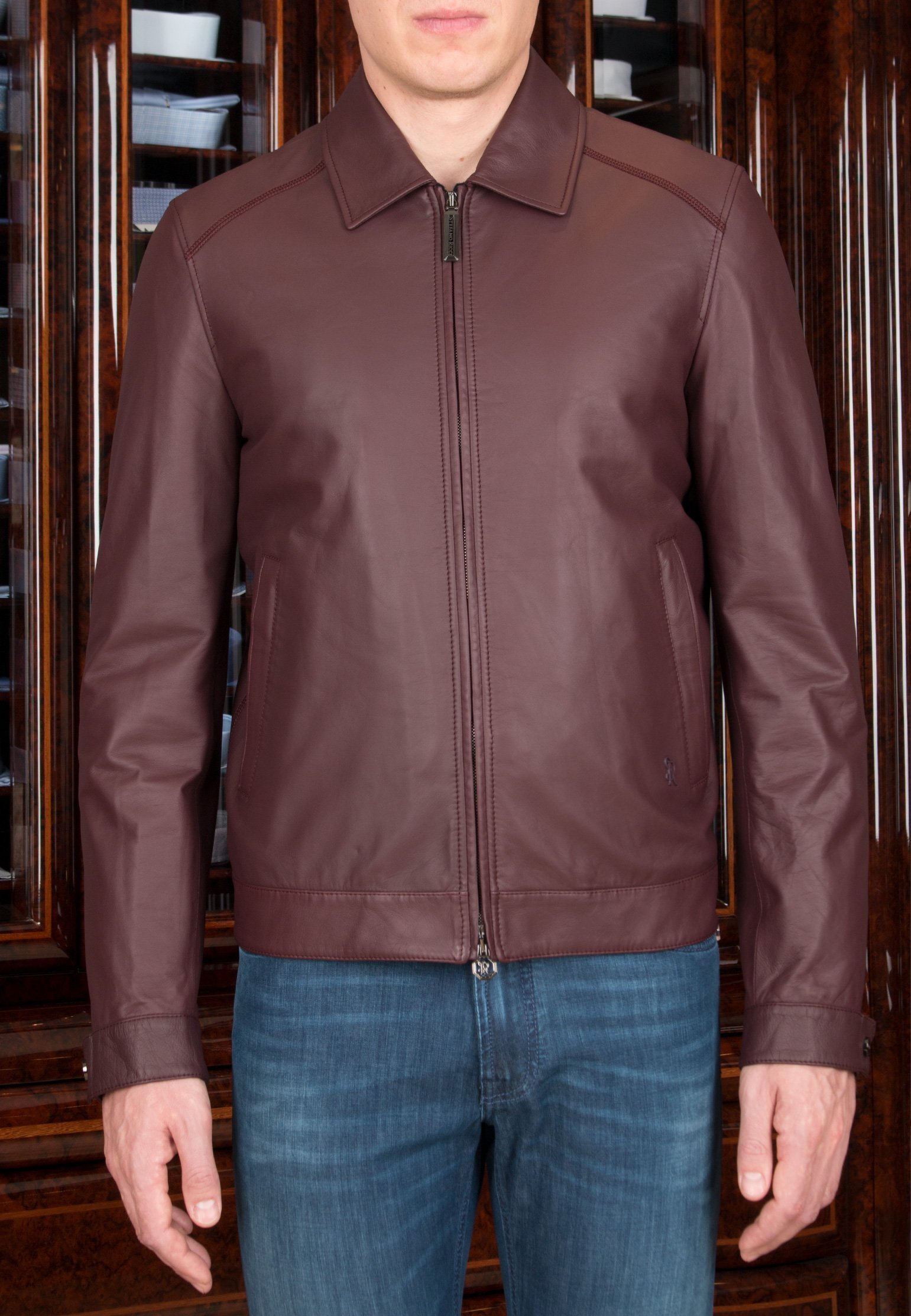 мужская кожаные куртка stefano ricci, бордовая
